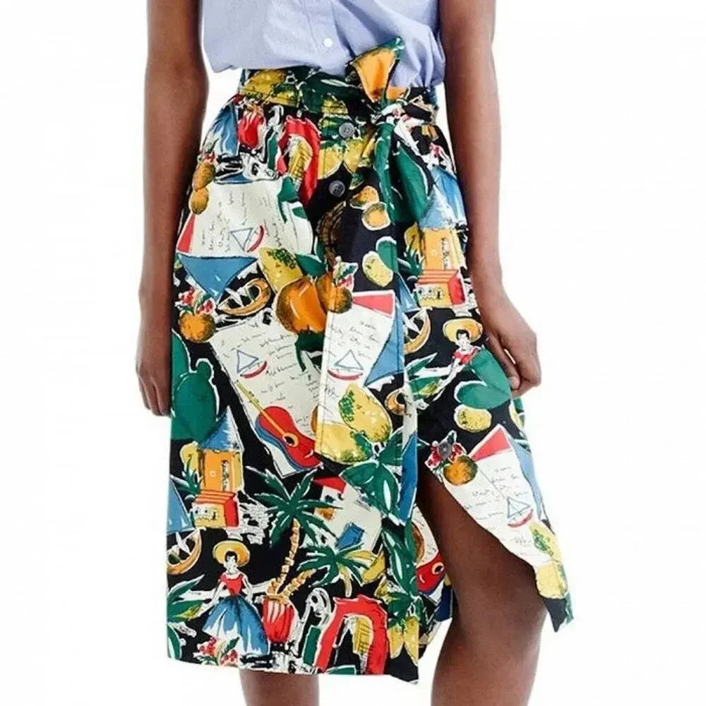 [J. Crew] Novelty Print Postcard Spain Fruit Button Front A-Line Midi Skirt Sz 0